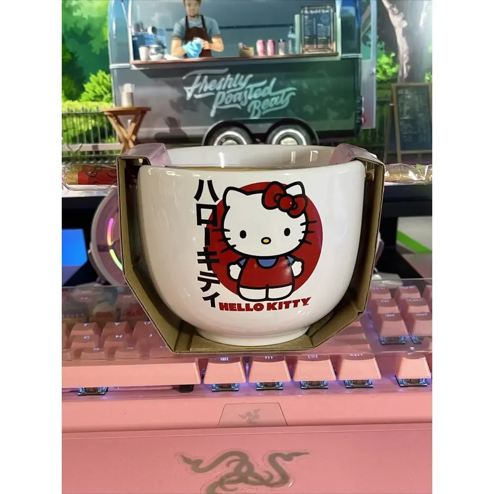 Hello Kitty Ramen Bowl Japanese Logo Ceramic Chopsticks 20oz Red Bow 2023 Sanrio